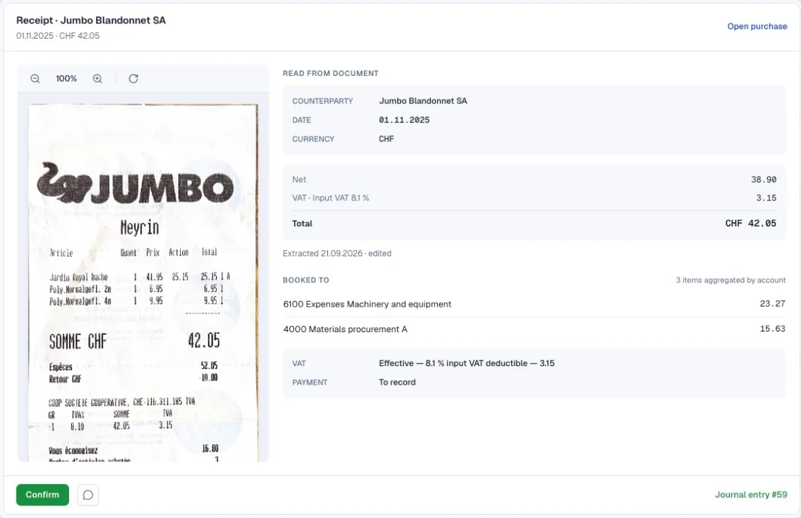 SoloDesk purchase review panel for a Jumbo Blandonnet SA receipt, with details read from the document and a Confirm action