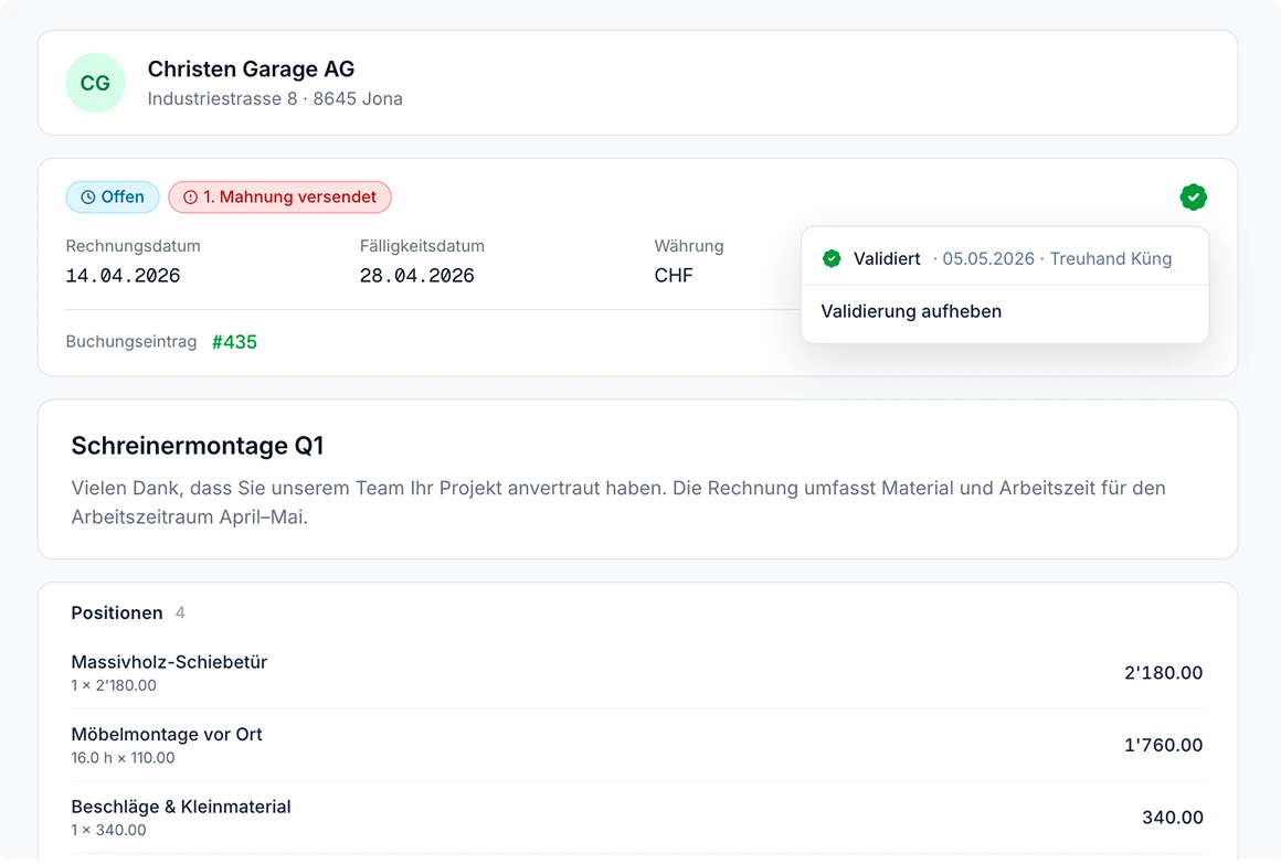 SoloDesk Eingangsrechnung für Christen Garage AG mit einem Validierungsstempel, der zeigt, wer sie validiert hat und wann
