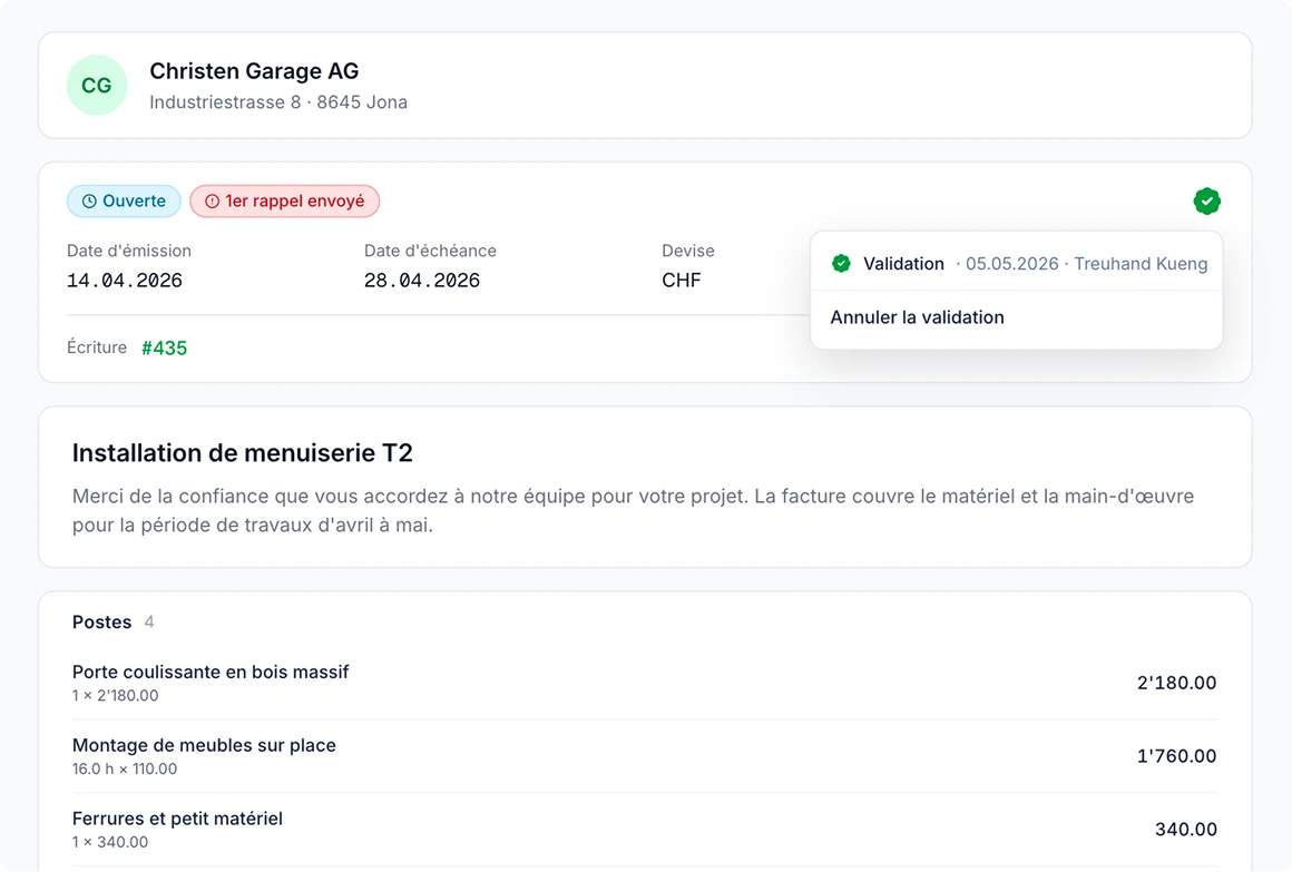 Facture fournisseur SoloDesk pour Christen Garage AG avec un cachet de validation indiquant qui l'a validée et quand