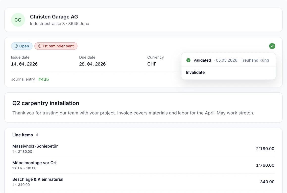 SoloDesk purchase invoice for Christen Garage AG with a validation stamp showing who validated it and when