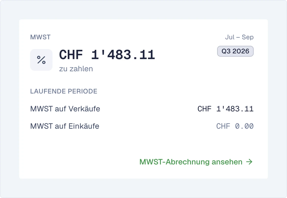 SoloDesk MWST-Karte für Q3 2026 mit CHF 1'483.11 zu zahlen, mit MWST auf Verkäufe und Einkäufe für die bisherige Periode