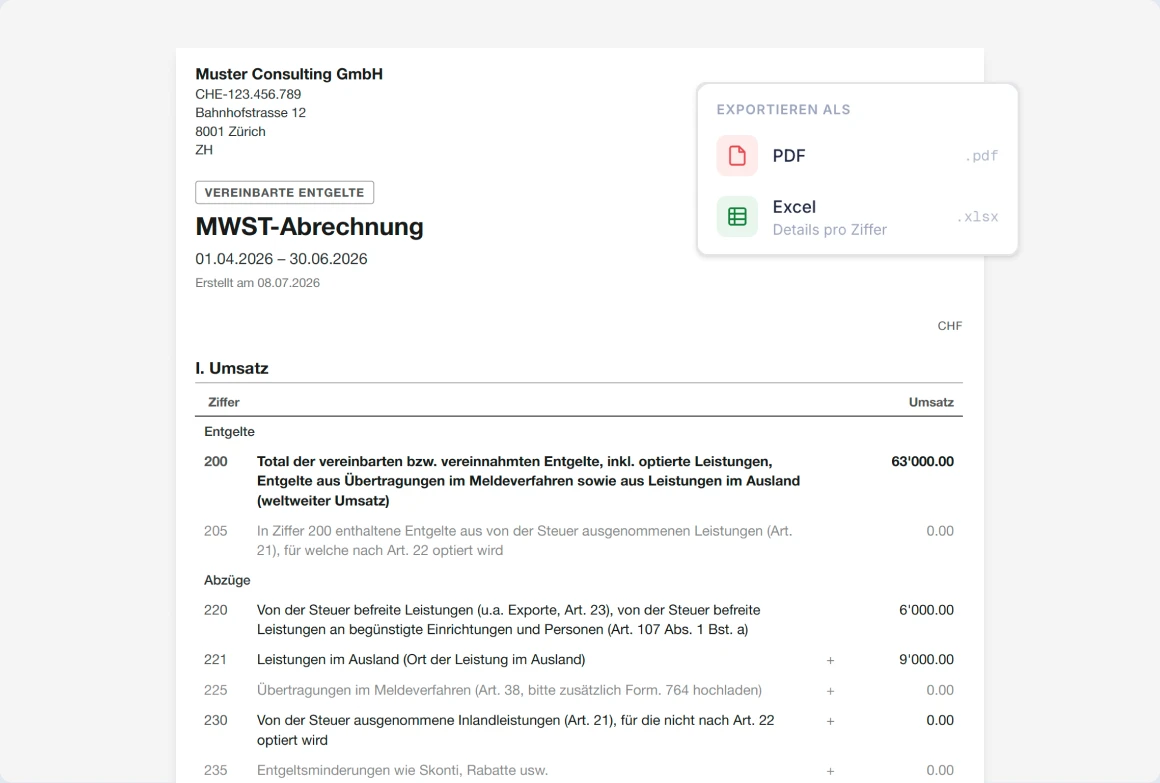 MWST-Abrechnung von SoloDesk für Muster Consulting GmbH mit einem Exportmenü für PDF- und Excel-Downloads pro Code