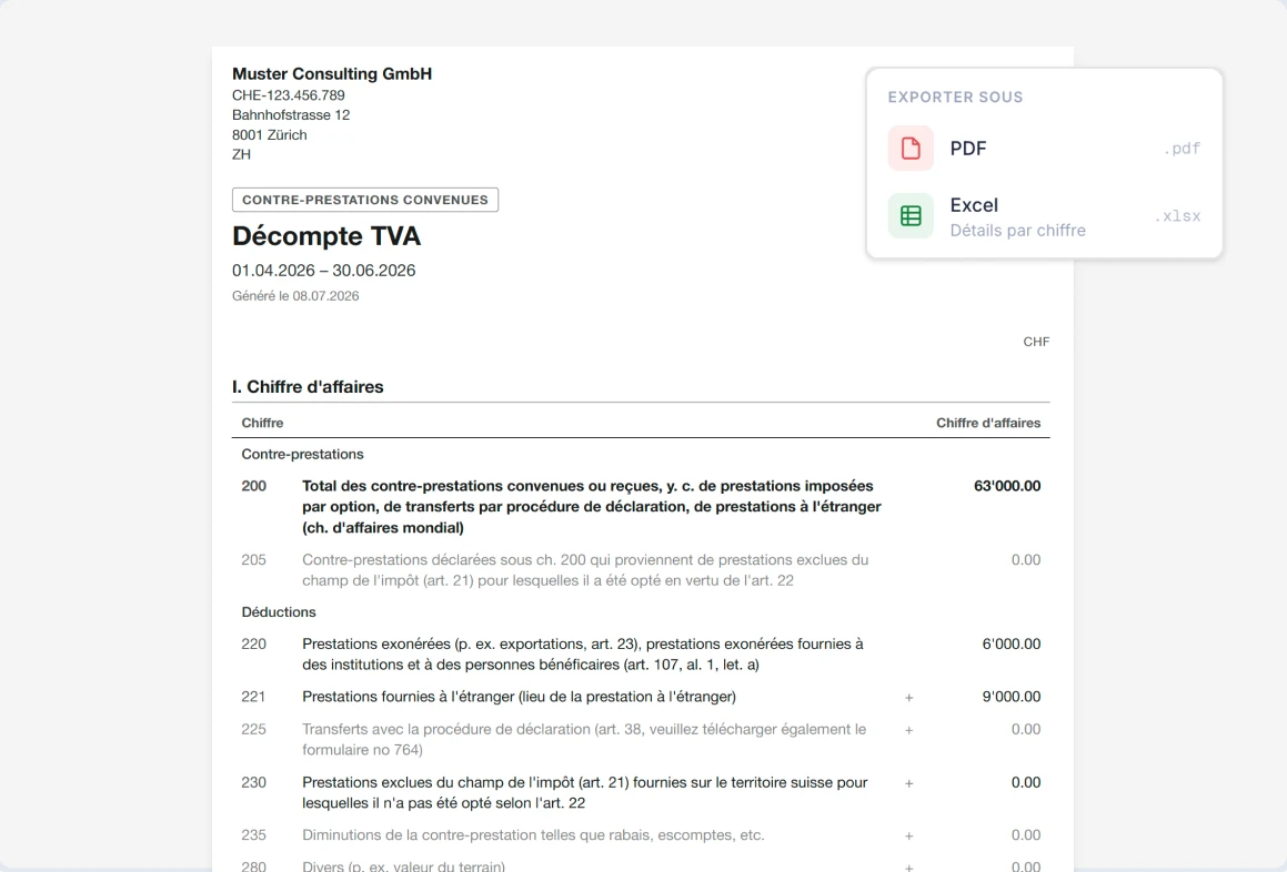 Décompte TVA SoloDesk pour Muster Consulting GmbH avec un menu d'export proposant le téléchargement au format PDF et Excel par chiffre