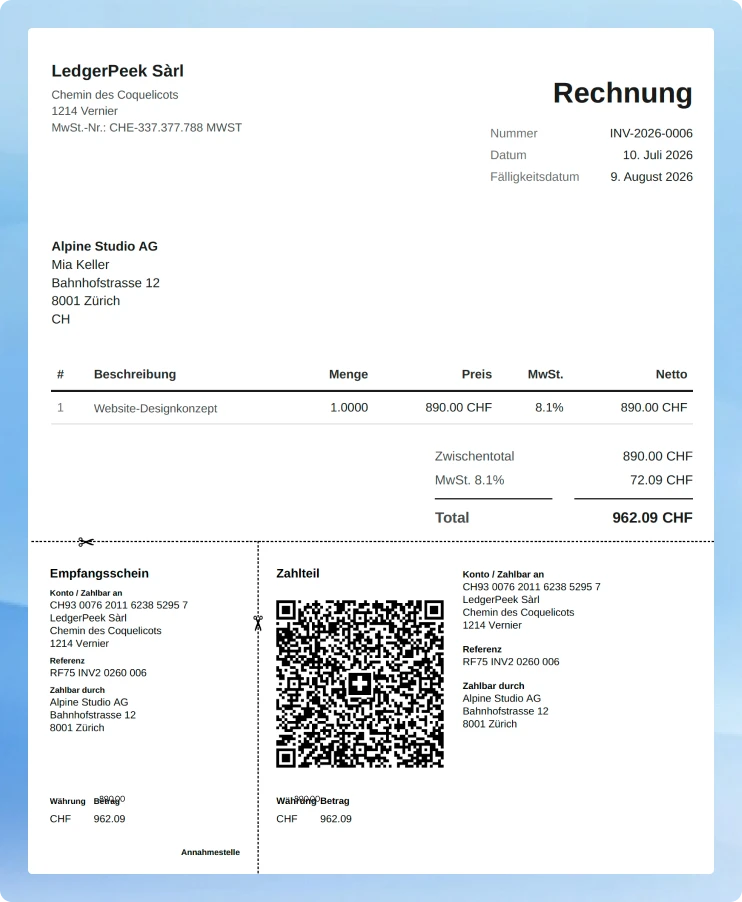 Schweizer Rechnung mit QR-Zahlteil, erstellt von SoloDesk