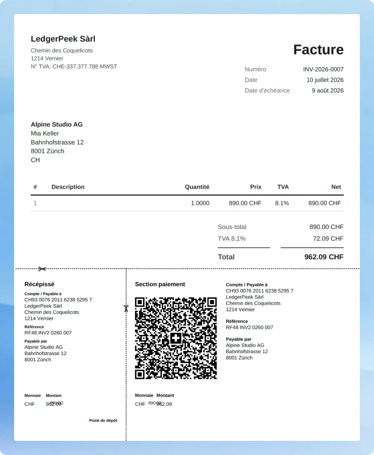 Facture suisse avec QR-facture générée par SoloDesk