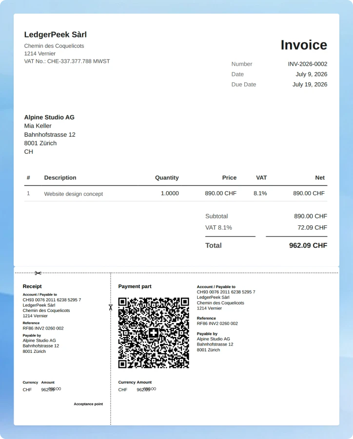 Swiss invoice with QR-bill payment slip generated by SoloDesk