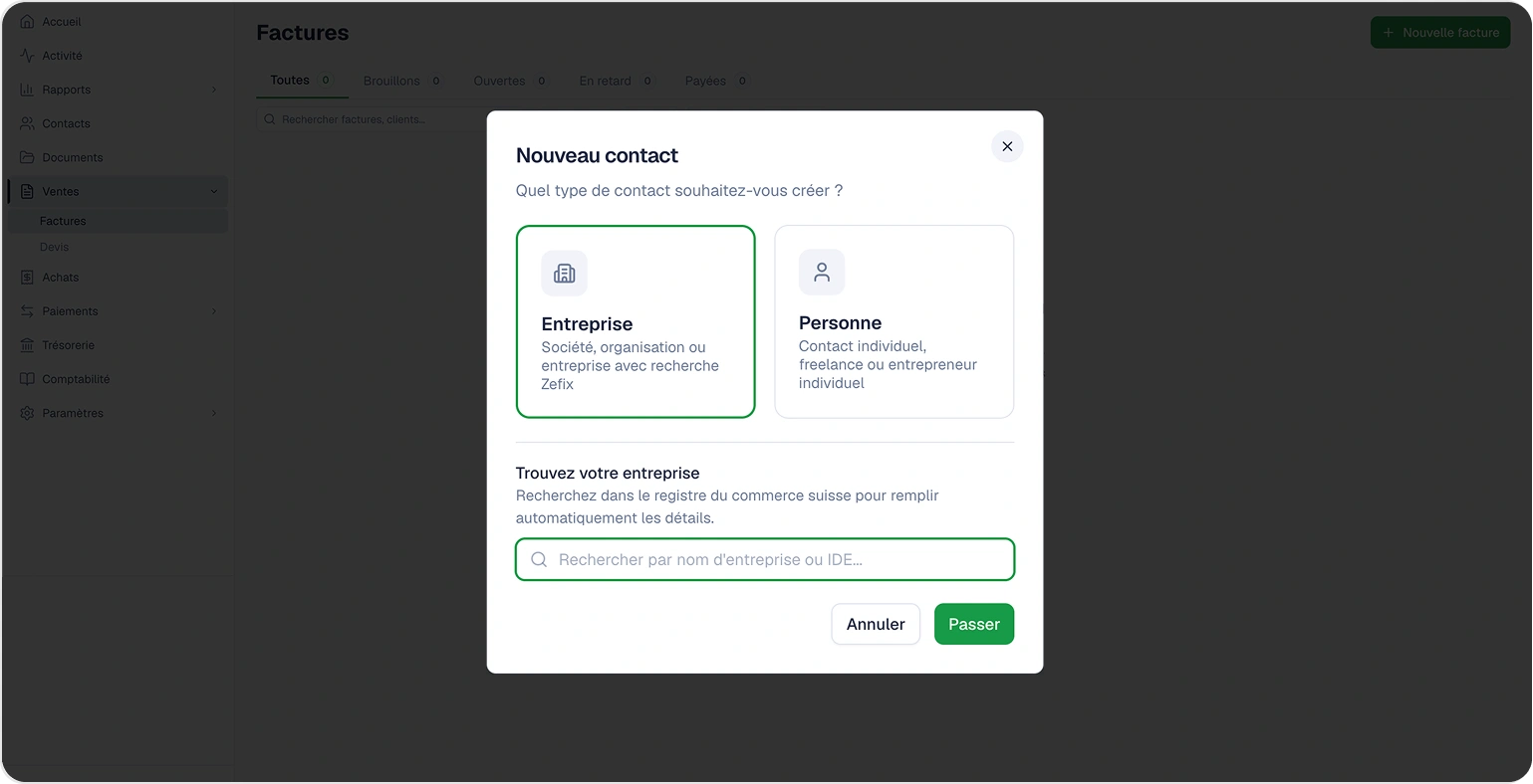 Création du contact client via la recherche au registre du commerce