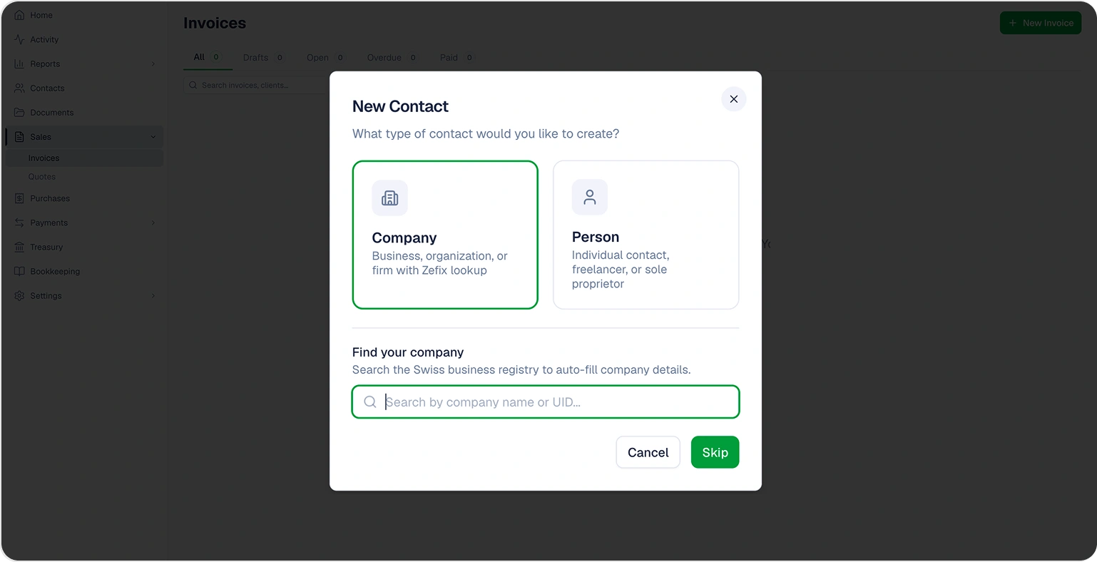 Creating a client contact by searching the commercial registry