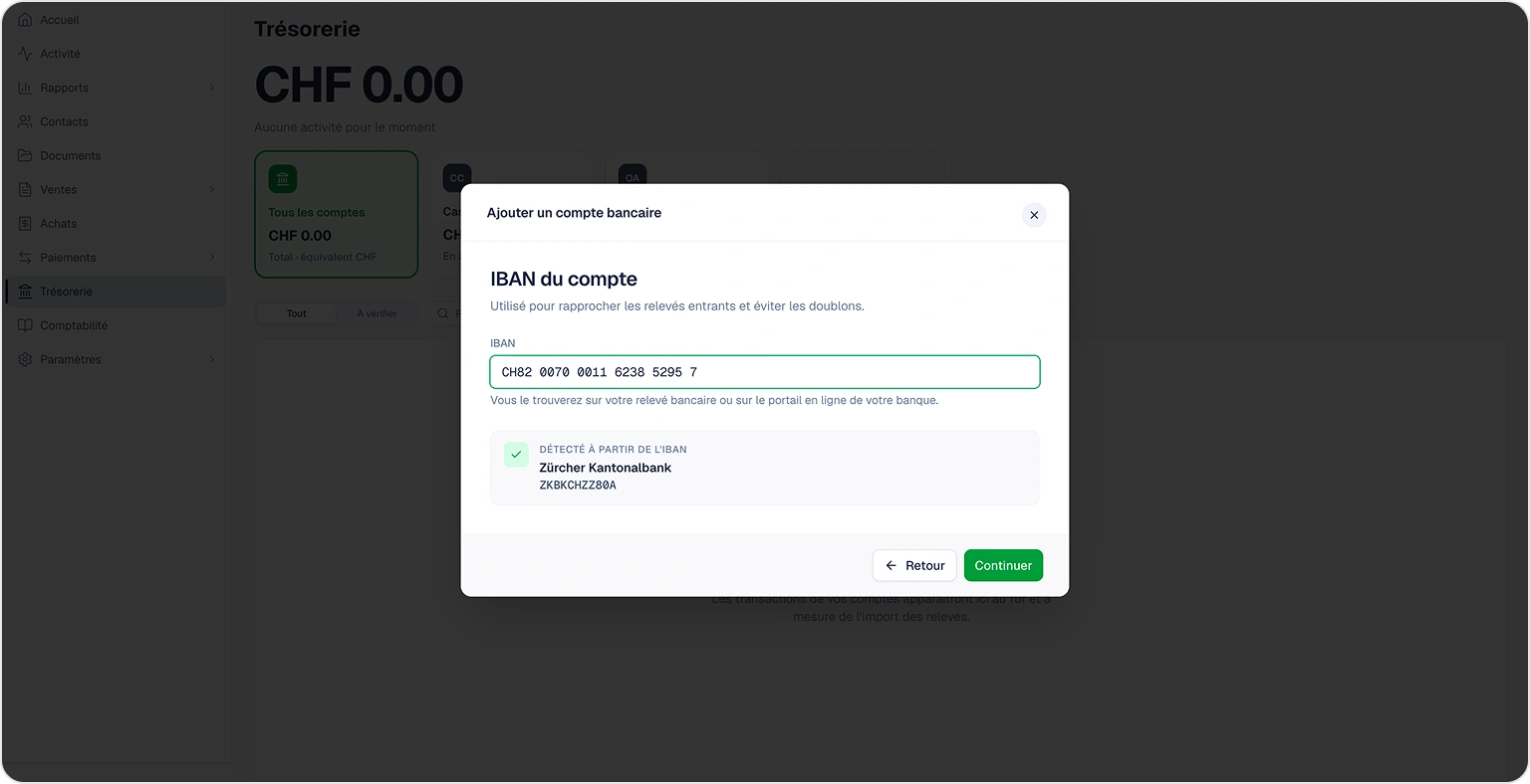 Saisie de l'IBAN, le nom de la banque est reconnu automatiquement