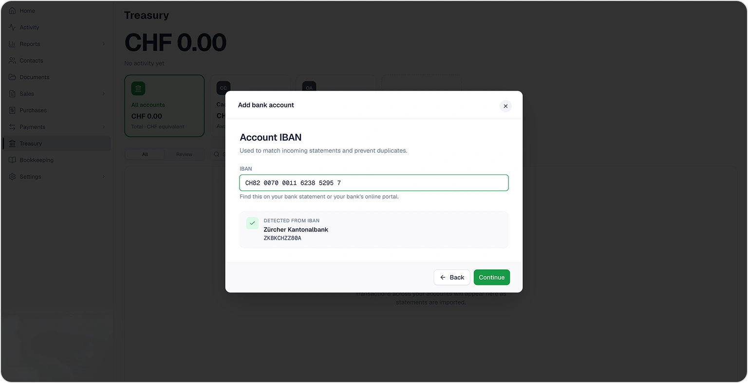 Entering an IBAN, with the bank name auto-recognised