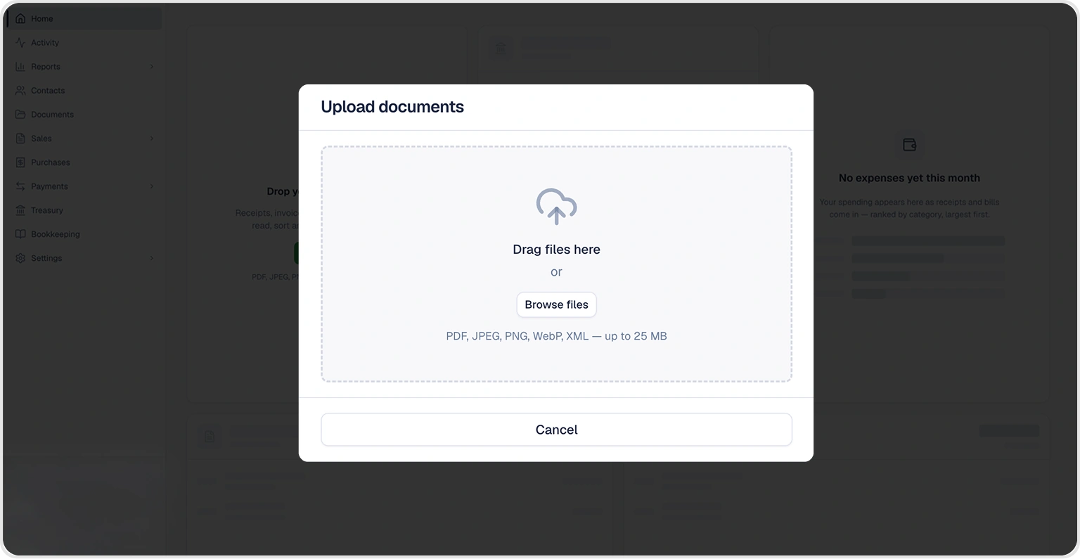 Uploading receipts and bills from the main screen