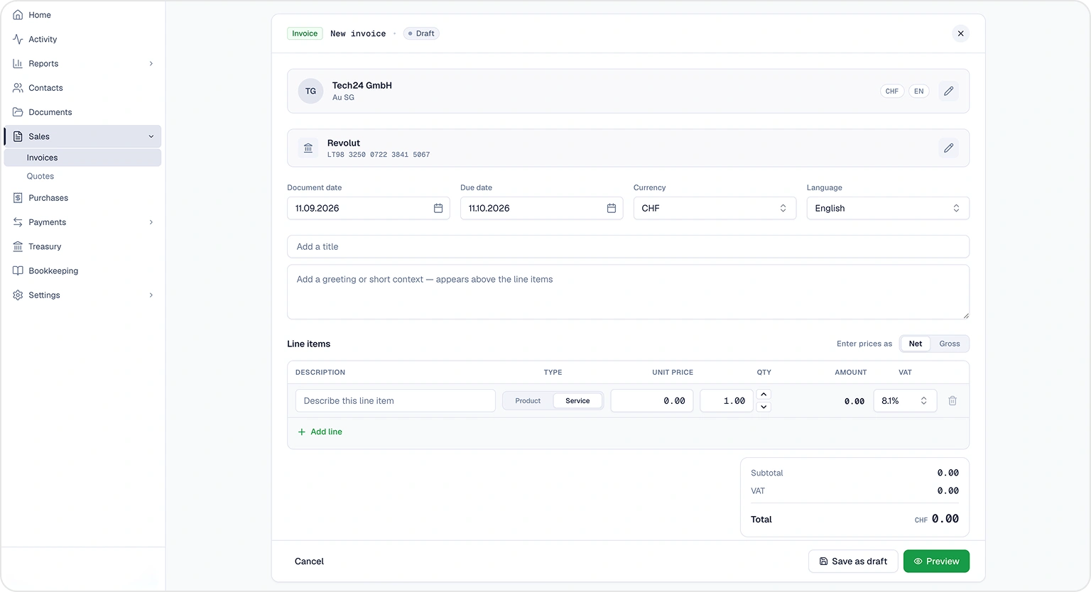 A completed invoice with line items and VAT rates